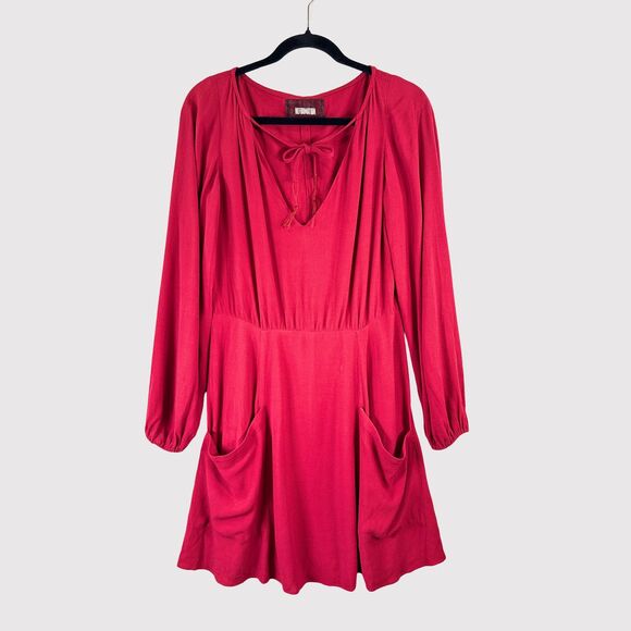 Reformation Womens Dress Red Mini V Neck Tie Neck Pockets Long Sleeve Size 4 - Picture 1 of 11
